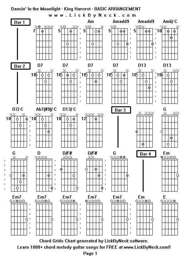 Chord Grids Chart of chord melody fingerstyle guitar song-Dancin' In the Moonlight - King Harvest - BASIC ARRANGEMENT,generated by LickByNeck software.